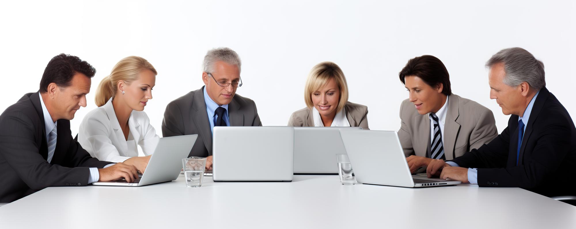 Team consulting around a table with laptop
