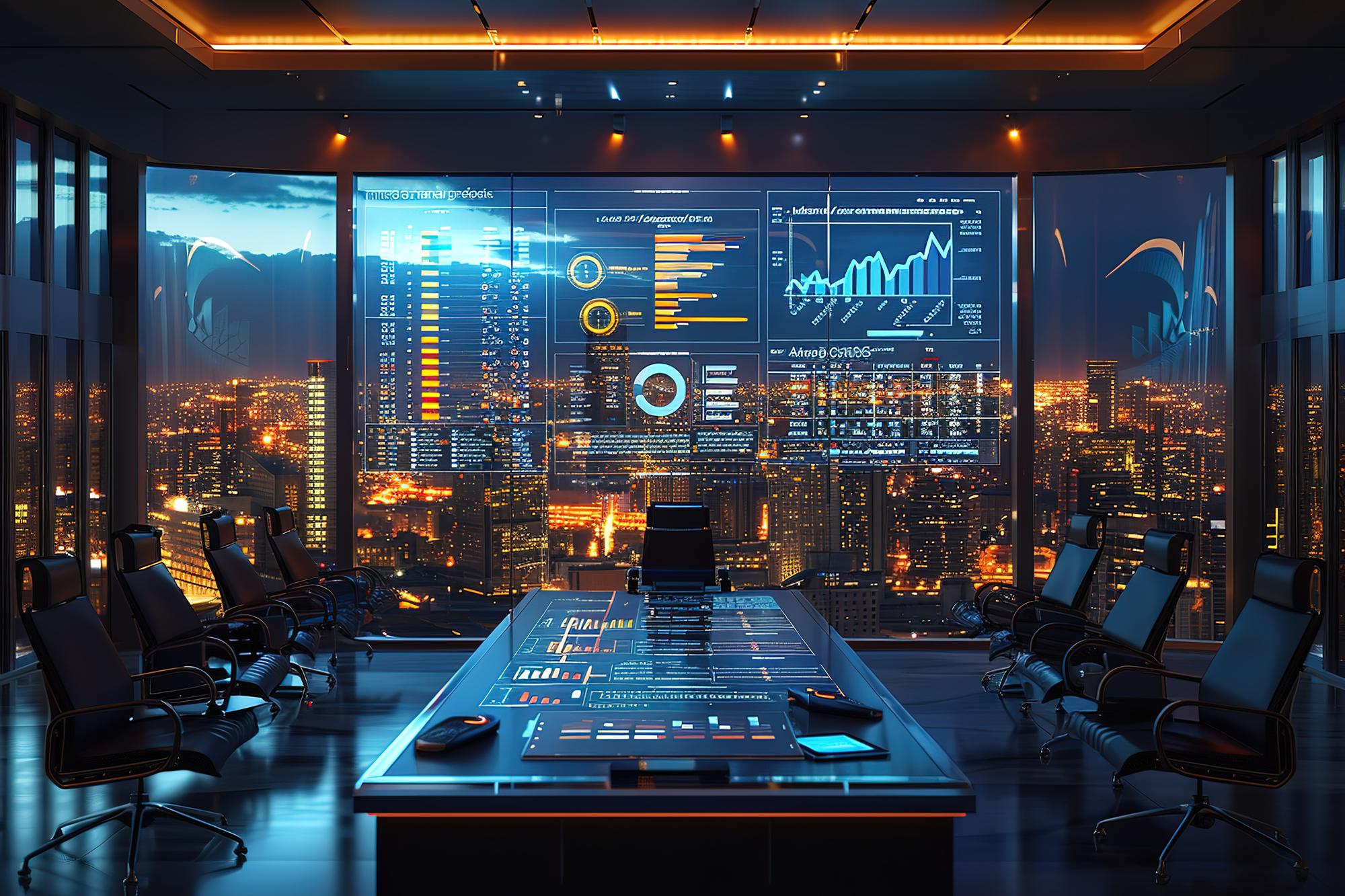 Futuristic desk with financial dashboard